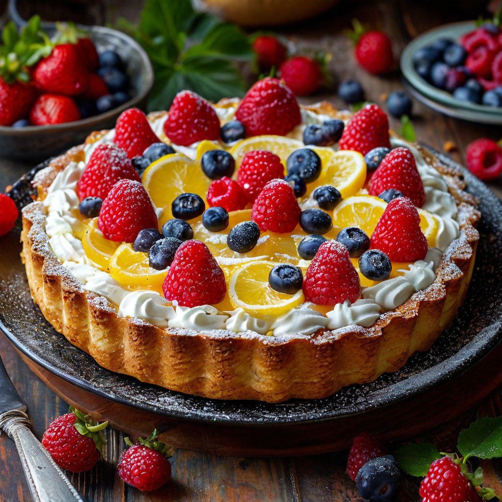 Лимонный пирог с заварным кремом и ягодами 