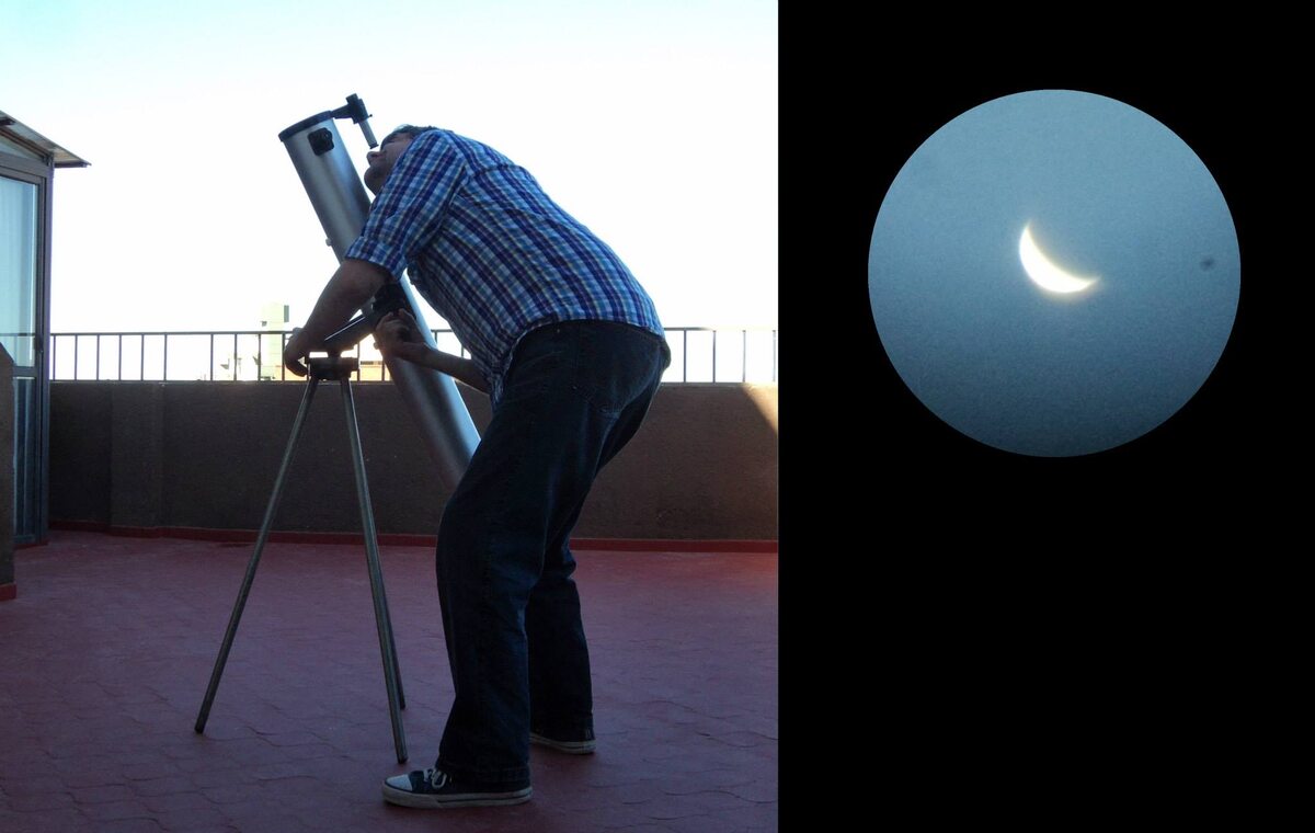 Астроном-любитель наблюдает Венеру (слева), Венера в любительский телескоп (справа). Изображение: Fernando de Gorocica, CC BY-SA 3.0