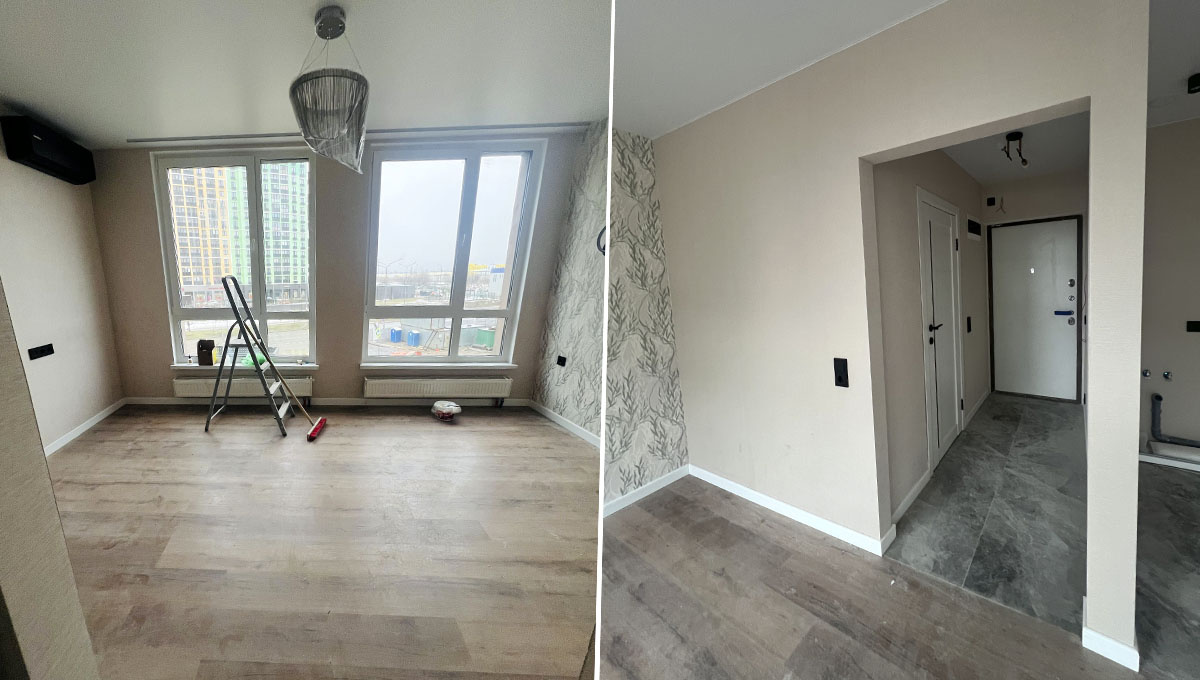 Квартира до генеральной уборки и установки мебели (светильники тоже пока в защитной пленке, после уборки все снимем и будет класс). Основные работы закончили, теперь осталось навести уют. Фото автора