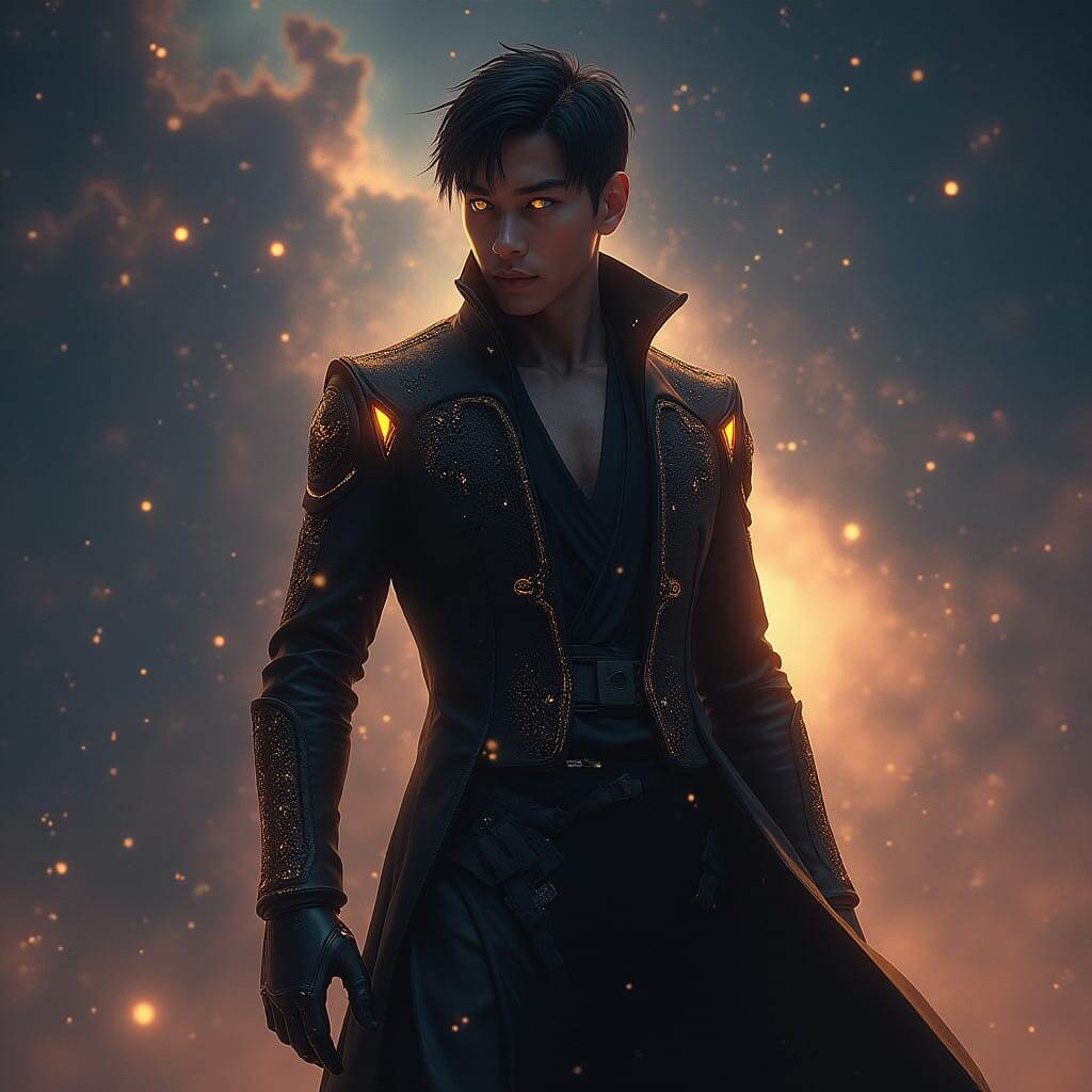 He is a dark-haired man with bright golden eyes that reflect the light of the stars. His suit is sleek and futuristic, made of self-regulating fabrics with built-in holographic projectors. A master of martial arts, his strength lies not only in his body but also in his mind. He has the ability to manipulate time and space, but he uses it only in the most extreme cases to avoid disrupting the balance of the universe. A lone wolf, he has a deep sense of duty toward humanity. His mission is to prevent the destruction of all worlds, but his greatest fear is losing his humanity in the process."
