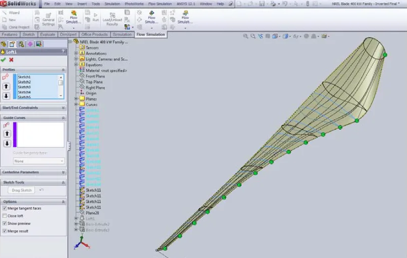 Рисунок 2 – Создание параметрической 3D-модели лопасти ВЭУ в CAD-системе