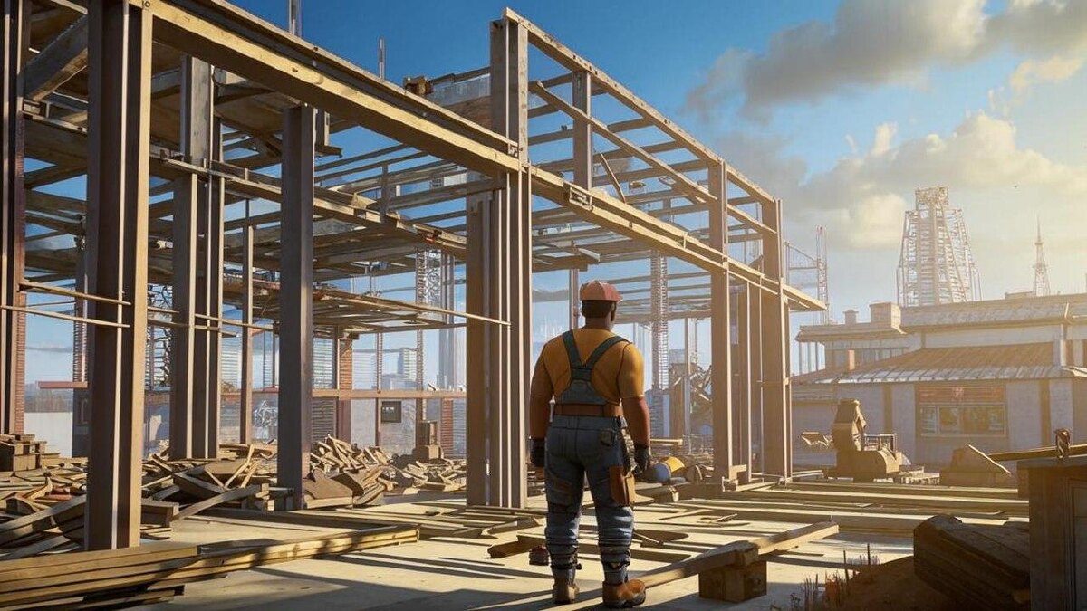 Монтажник на строительной площадке: установка слаботочных систем на фоне каркаса.