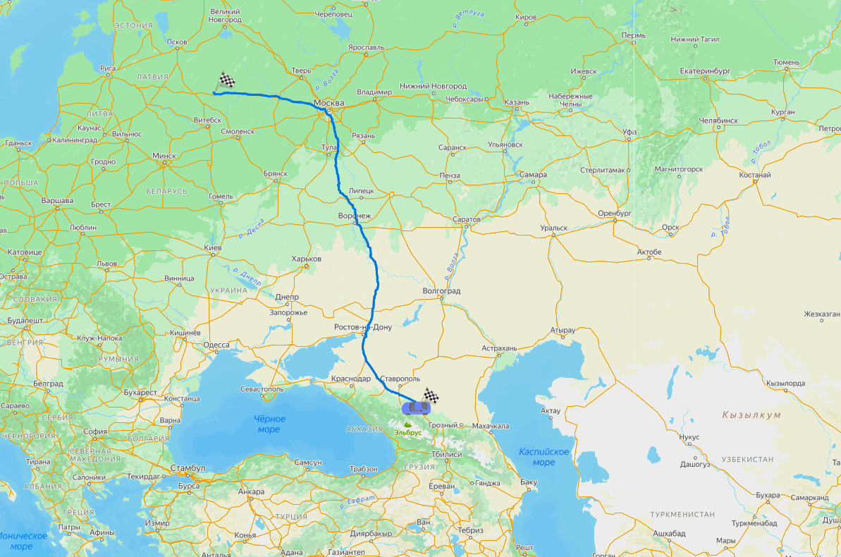 Маршрут от г.Великих Лук до г.Пятигорск, через Воронеж, который планировалось проехать. Протяженность 2068км.
