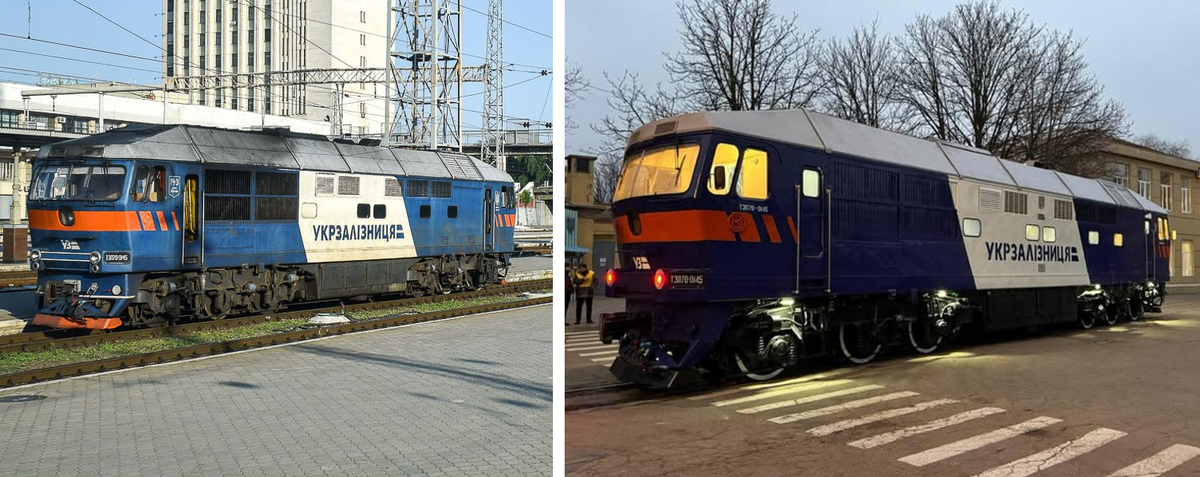Тепловоз ТЭП70 в парке УЗ до и после модернизации. Источник: kut/railgallery, УЗ