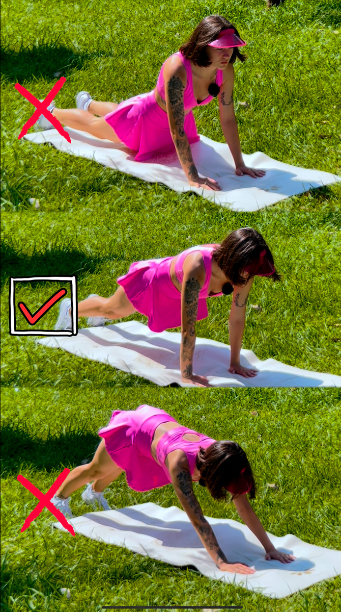 В планке не выталкивайте таз вверх и не опускайте его вниз. Поддерживайте ровную линию от макушки до пяток.