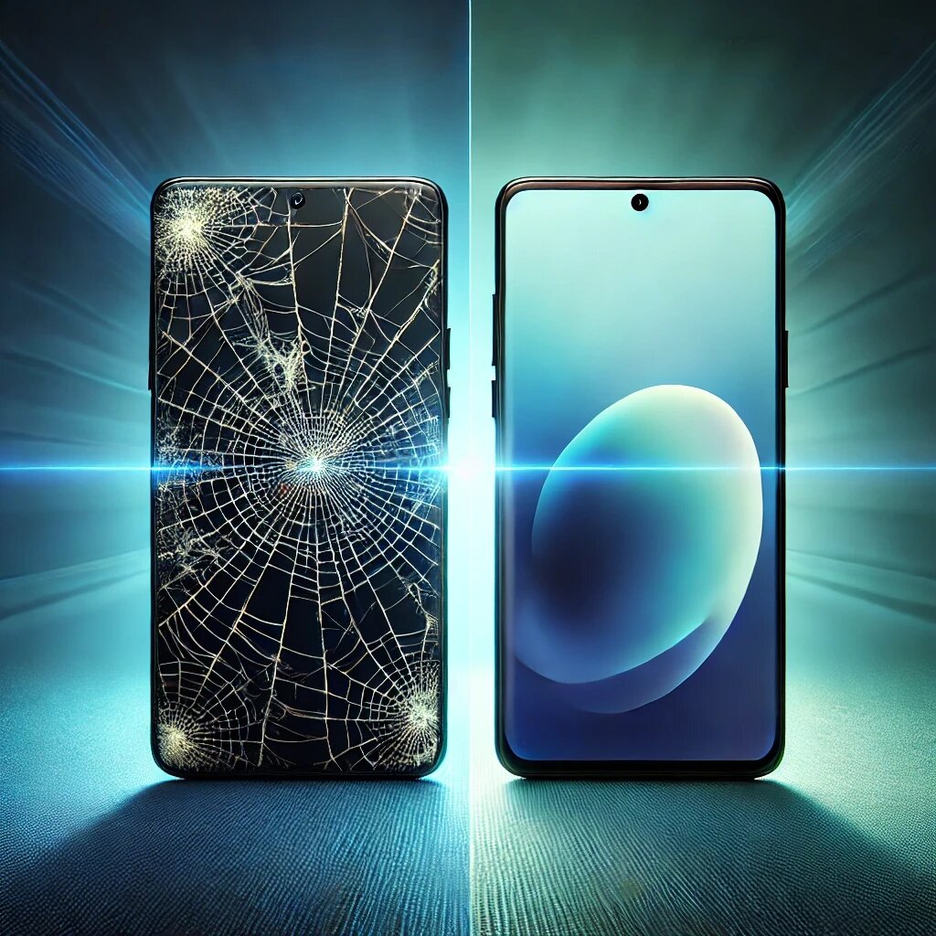 Изображение смартфона. До ремонта - разбит экран, после ремонта - новенький экран.