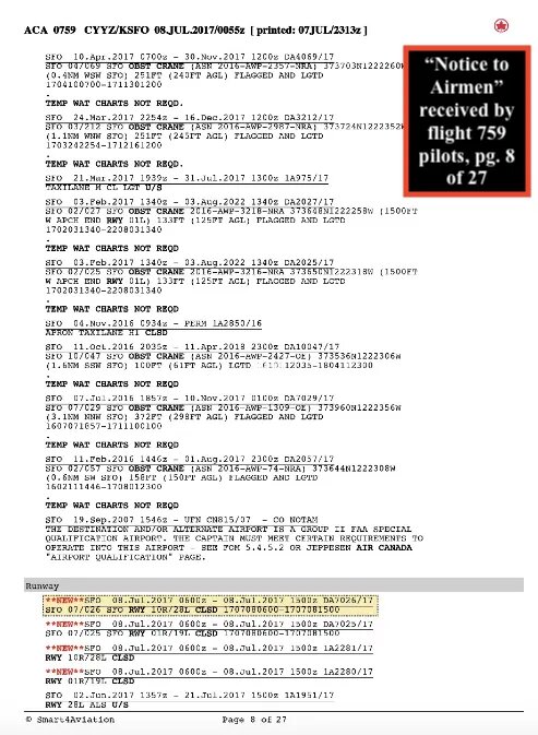 NOTAM, полученный пилотами рейса 759, с выделенной информацией о закрытии взлетно-посадочной полосы. Источник изображения: NTSB
