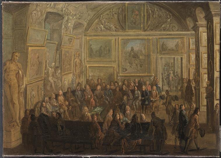 Ж.-Б. Мартен. Заседание Королевской Академии живописи и скульптуры в Лувре. Около 1712—1721.Ссылка https://ru.m.wikipedia.org/wiki/Академия_живописи_и_скульптуры#/media/Файл%3AMartin%2C_Jean-Baptiste_–_Une_assemblée_ordinaire_de_l'Académie_royale_de_Peinture_et_de_Sculpture_au_Louvre_–_RMN_16-532017.jpg