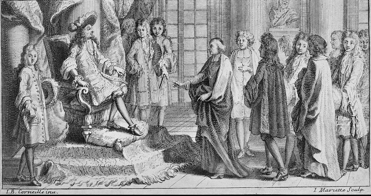 Члены Академии приходят предложить королю словарь Академии. 1694. Офорт Ж. Мариетта по рисунку Ж.-Б. Корнеля.https://ru.m.wikipedia.org/wiki/Академия_живописи_и_скульптуры#/media/Файл%3ALes_membres_de_l'Académie_venant_offrir_au_Roi_le_Dictionnaire_de_l'Académie.jpg
