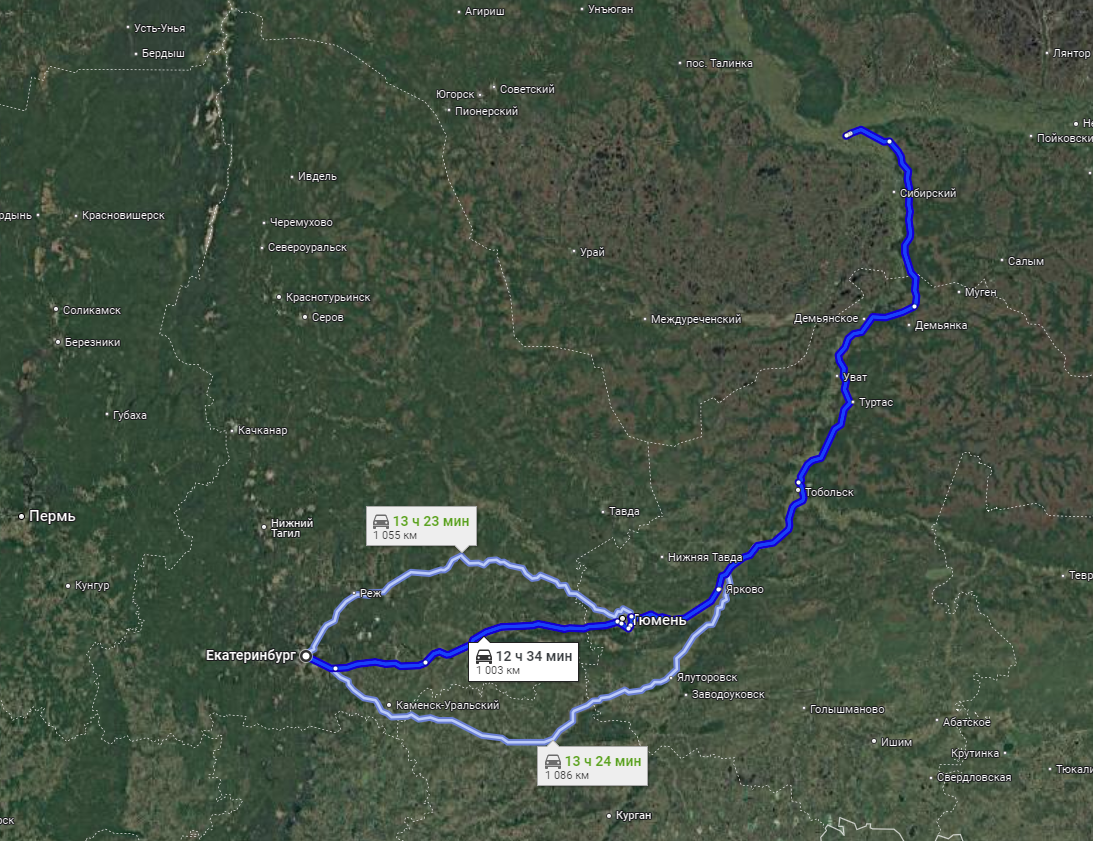 Варианты движения от Екатеринбурга в ХМАО (через Тюменскую область)