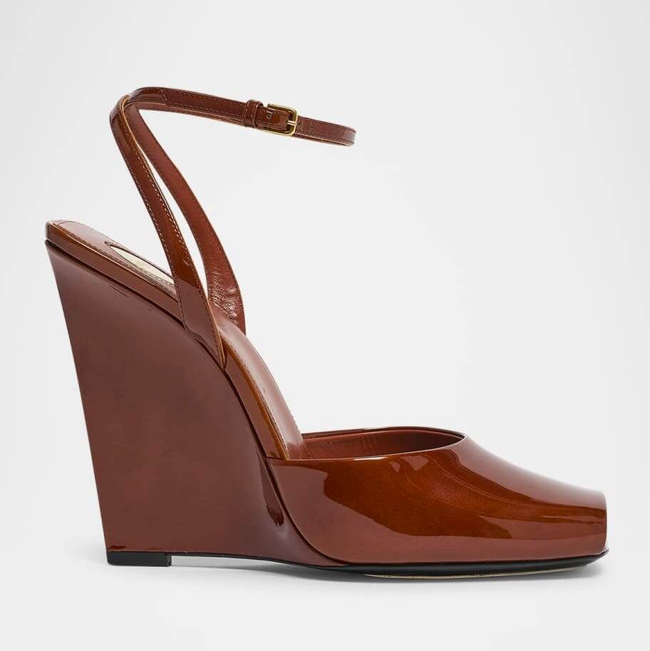  Saint Laurent La Scandale Glossy Ankle-Strap Wedge Sandals