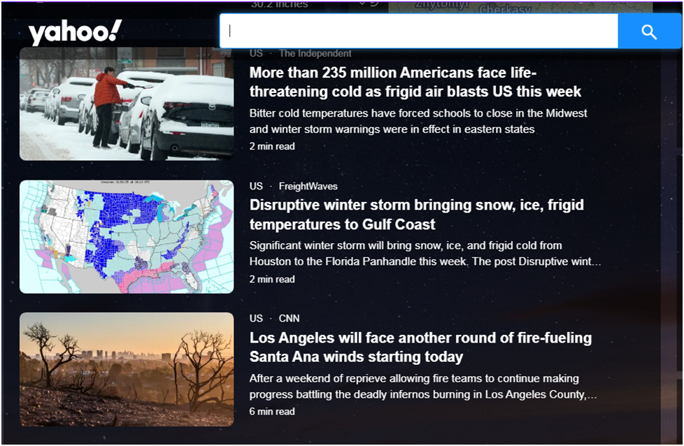 Заставка от 20.01.2025 на Yahoo.com в разделе "Погода" 