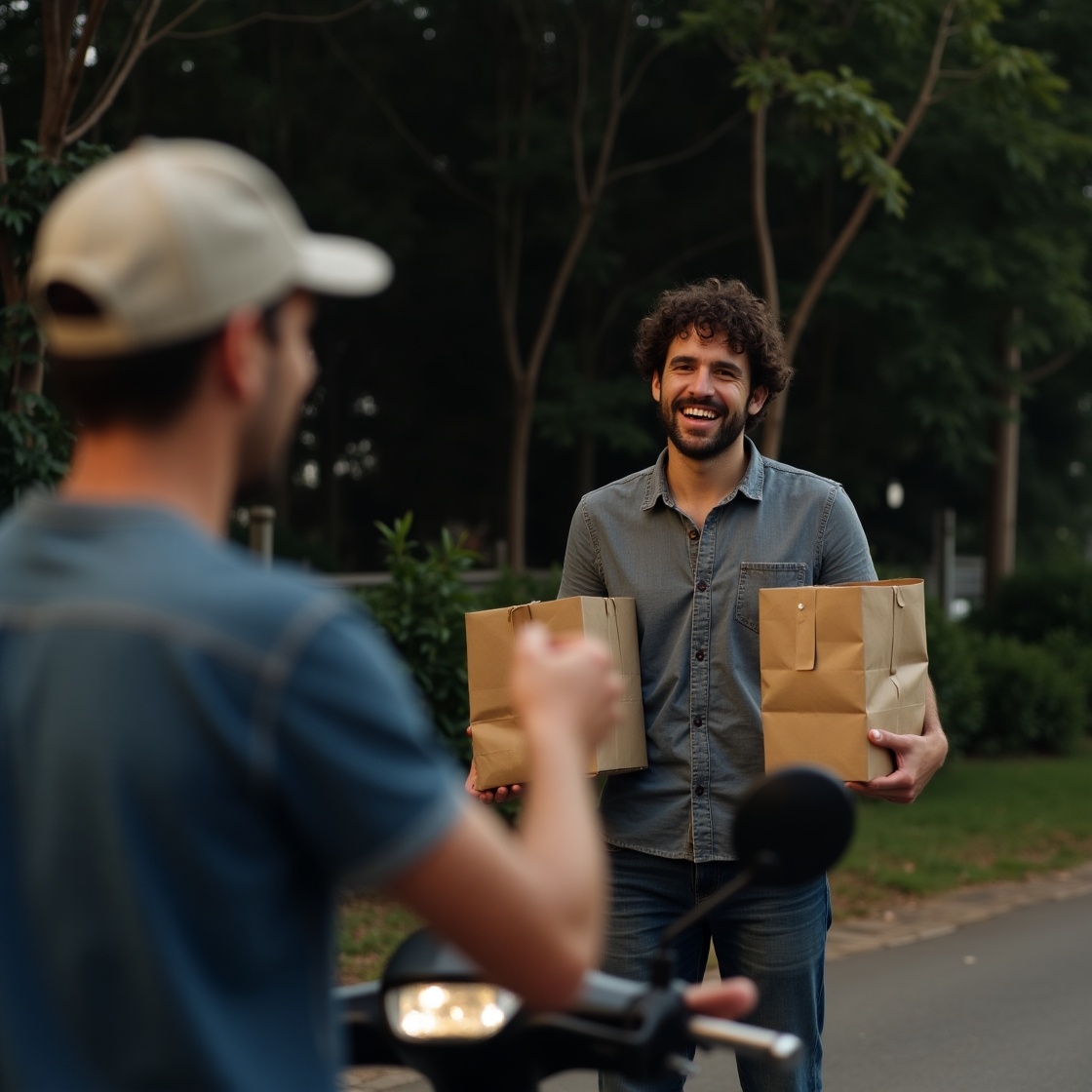 Протягивает мне пакет с бургером, но взгляд какой-то странный...