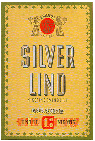 "Silverlind". Германия, 1950-е годы. 6 штук в твердой упаковке. Цена (была) 0,50 немецких марок. Производитель: "Zigarettenfabrik Kosmos GmbH", Мемминген. Владелец торговой марки: "Zigarettenfabrik Kosmos GmbH".