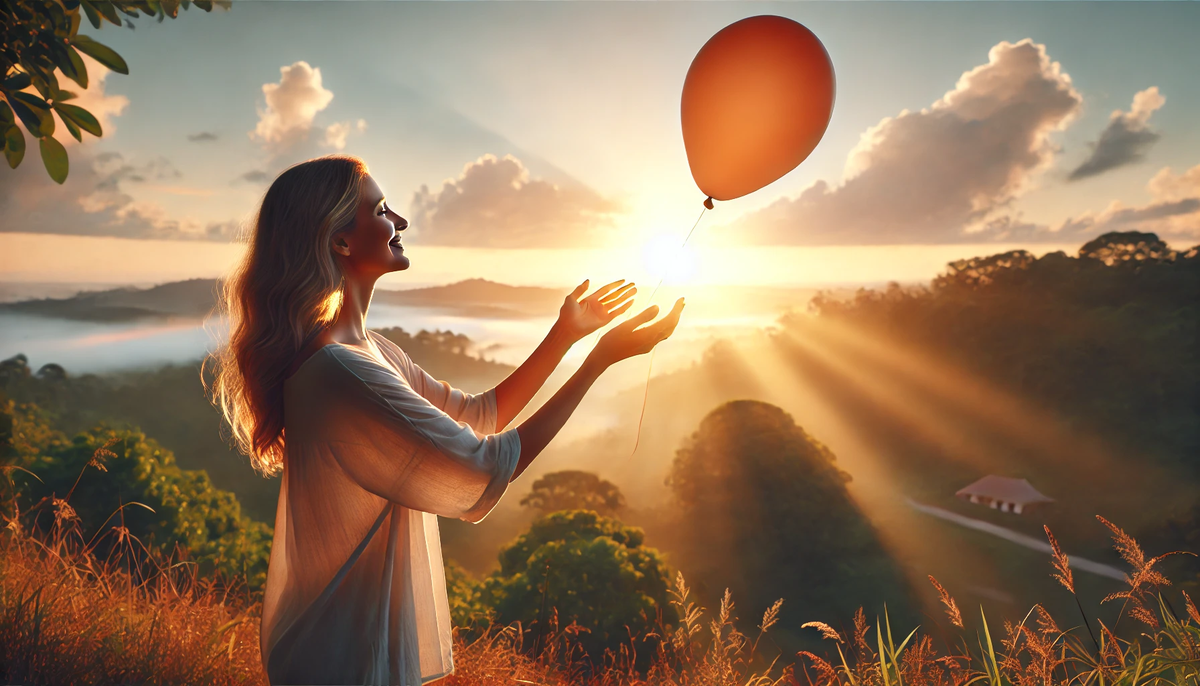 На вершине холма в лучах утреннего солнца, держа в руках воздушный шарик, который она отпускает в небо... начало новой главы