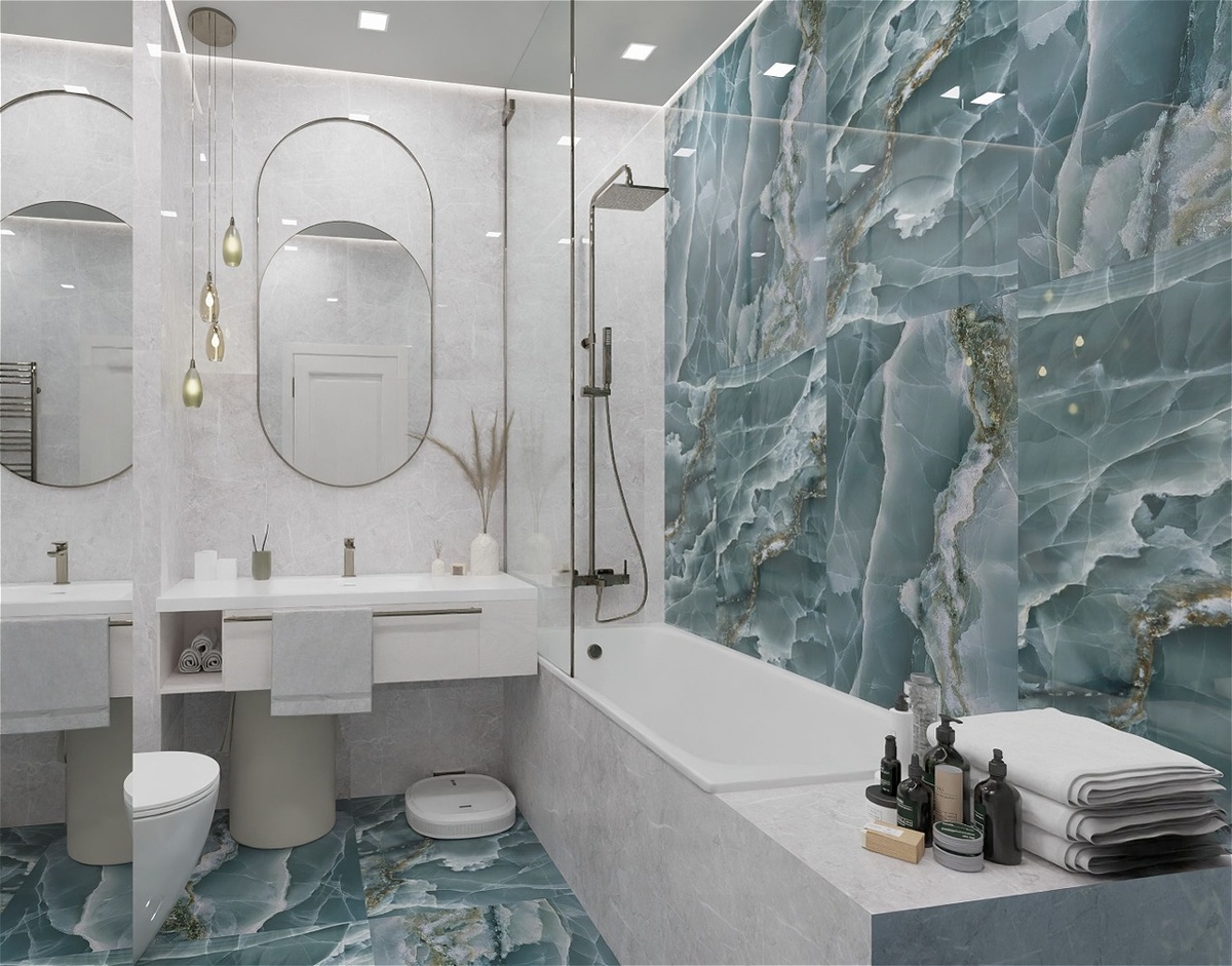 Керамогранит под оникс в ванной, проект «Дали Керамика»