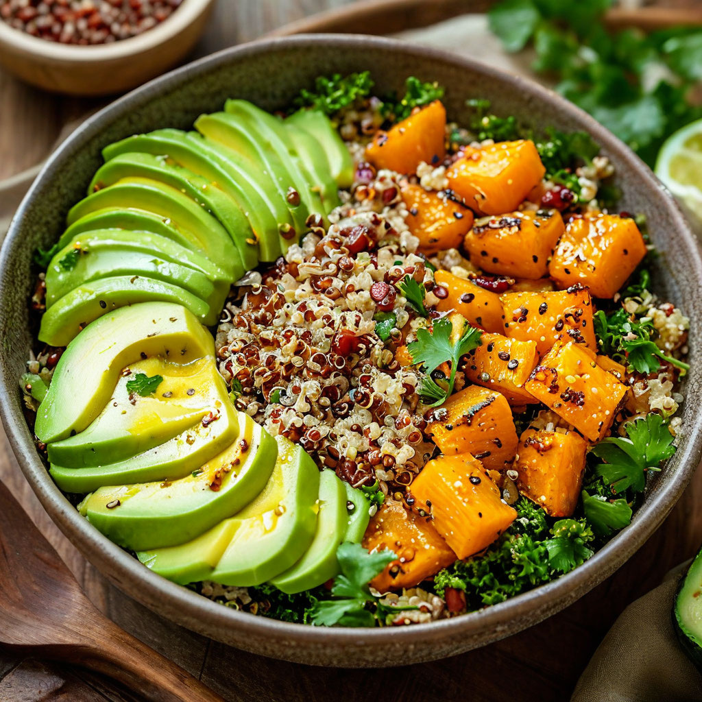 Витаминный салат с киноа, авокадо и запеченной тыквой: 