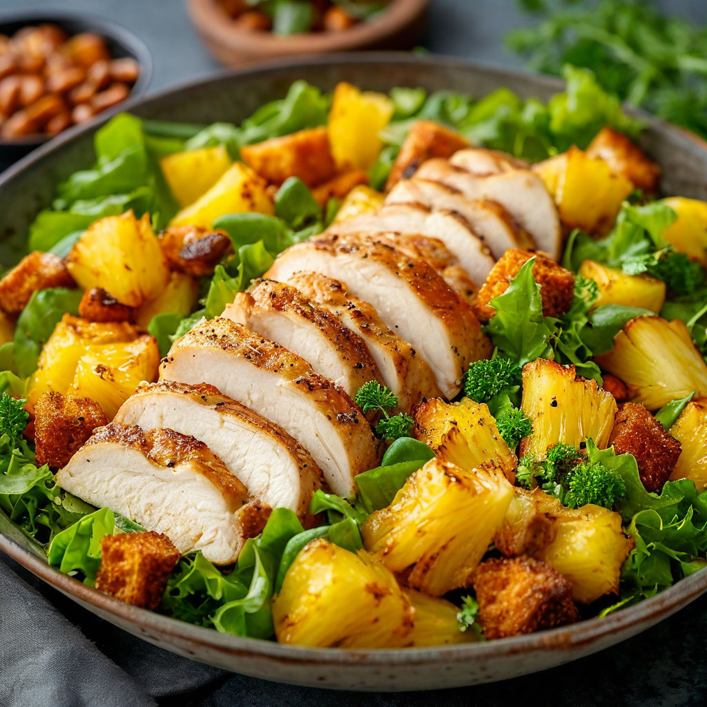 Сытный салат с курицей, ананасами и хрустящими сухариками: 