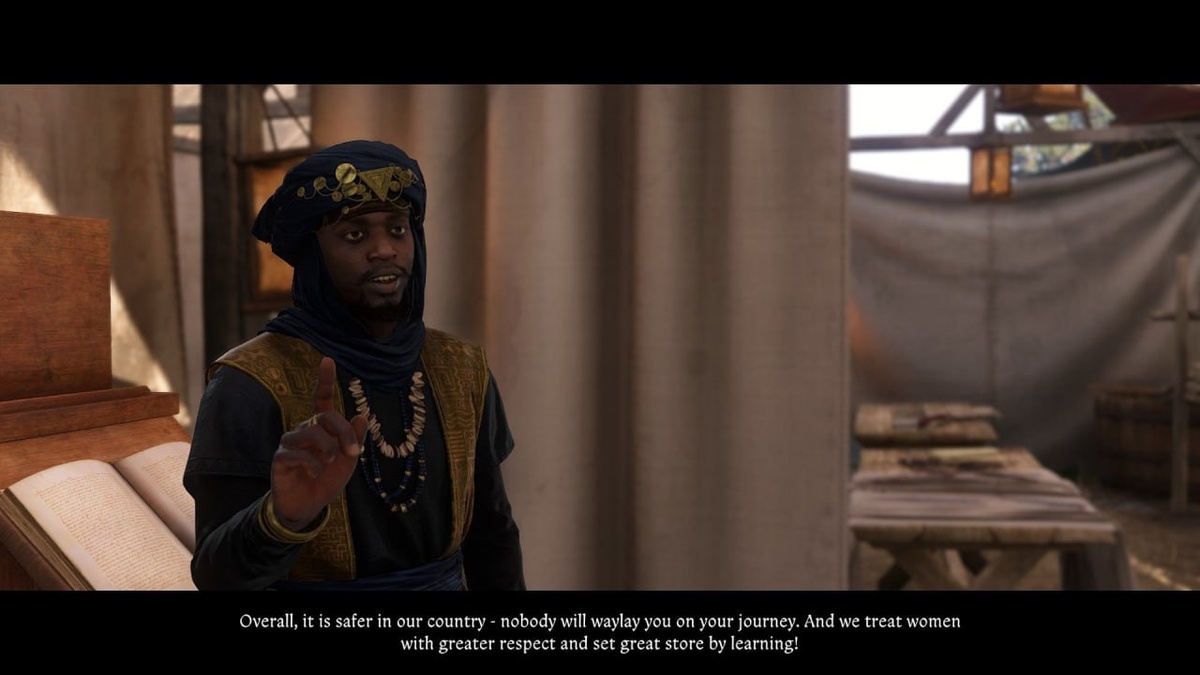    «В конце концов, наша страна безопаснее — никто не нападёт на тебя в пути. А ещё мы относимся к женщинам с большим уважением и понимаем важность образования!» — говорит персонаж.