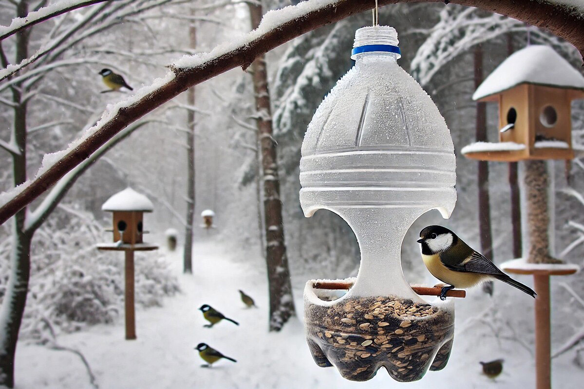 Простую кормушку для птиц из пластиковой бутылки 5 литров легко сделать за 10 минут. Источник: нейросеть📷
