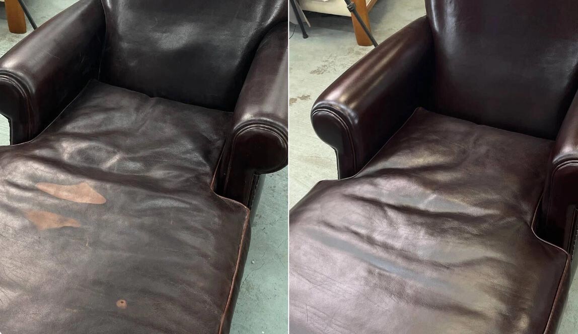 кожаное кресло ДО и После реставрации нашими специалистами