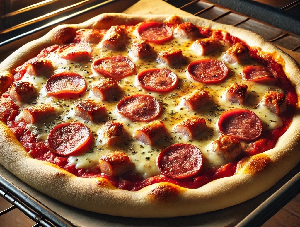 Домашняя пицца в духовке с колбасой