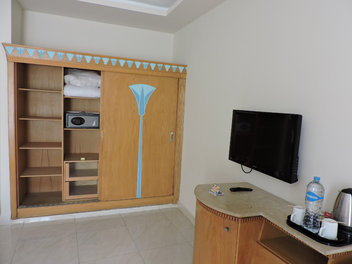 Egypt, Hurghada, Seagull Hotel & Resort, room #1349, TV, teapot, mirror, wardrobe with safe
