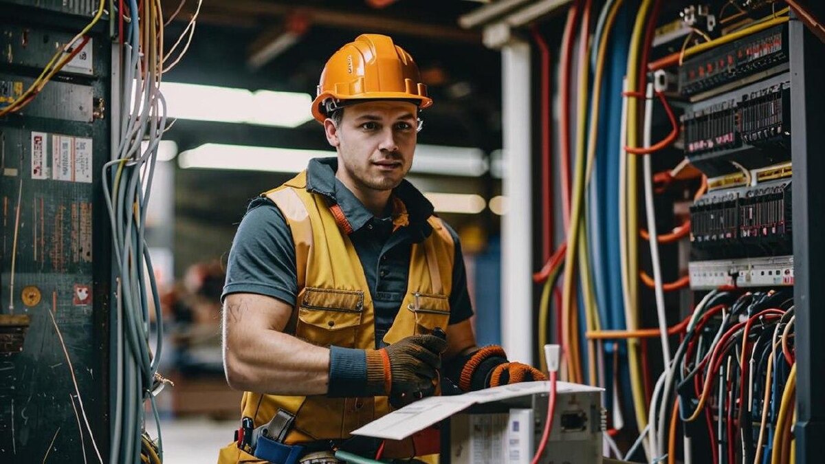 Монтер в защитном каске работает с электрооборудованием и проводами в мастерской.
