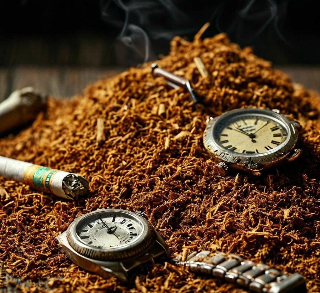 Горсть табака с сигаретой и с поломанными часами