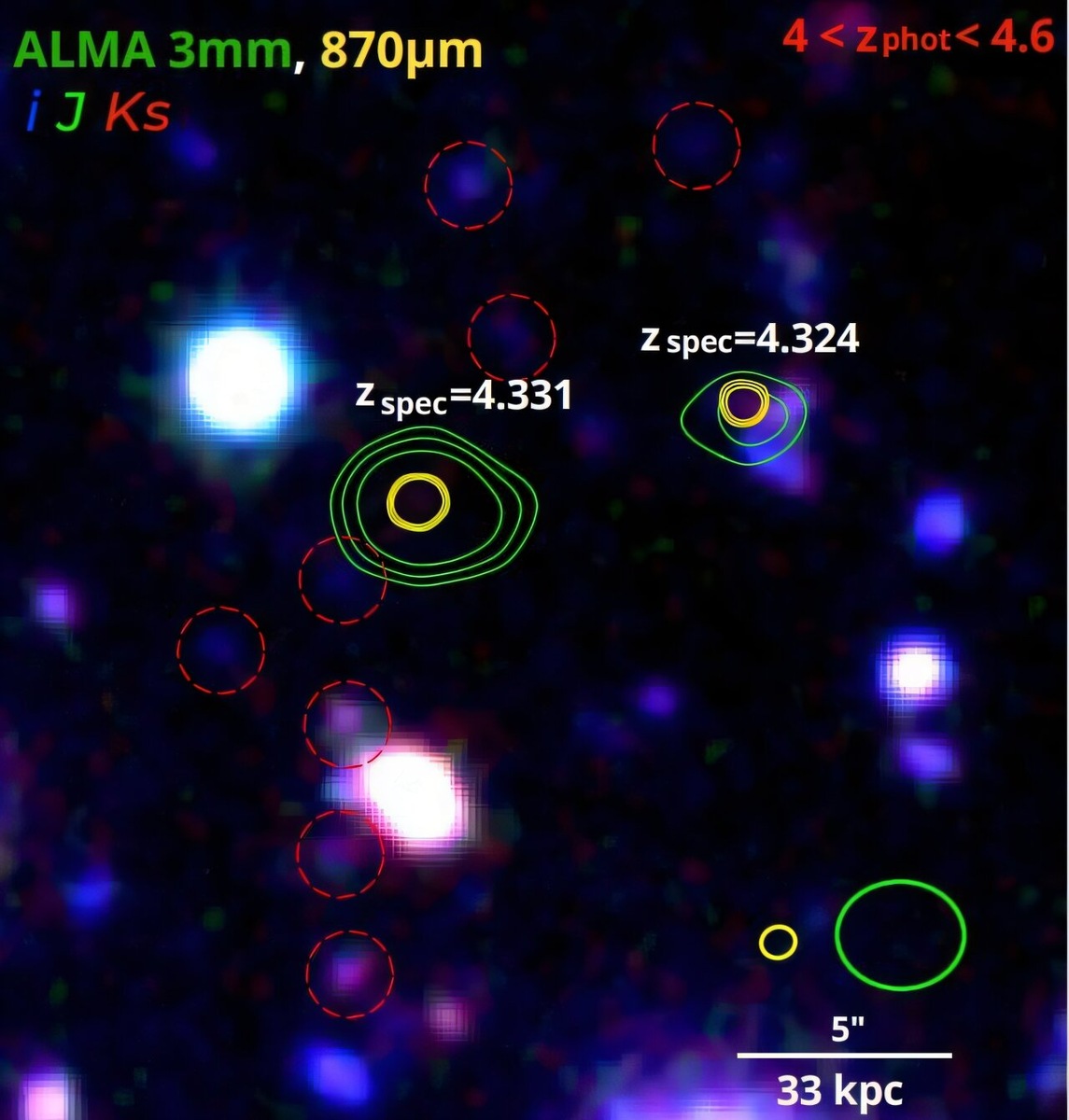 Цветное изображение группы галактик CGG-z4, полученное телескопом VISTA в трёх инфракрасных диапазонах (Ks, J, i). Зелёные и жёлтые контуры показывают излучение, зафиксированное ALMA на длинах волн 3 мм и 870 мкм соответственно. Это излучение показано наложенными контурами: зелёные контуры соответствуют излучению на длине волны 3 мм, а жёлтые - 870 мкм. Контуры отображены на уровнях 5σ, 7σ и 10σ, что позволяет оценить интенсивность излучения.    
 Источник: Brinch et al., 2025  📷
