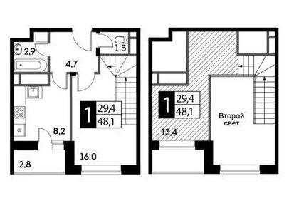 По сути, первый этаж- обычная однушка, а кусочек второго этажа- бонус:)