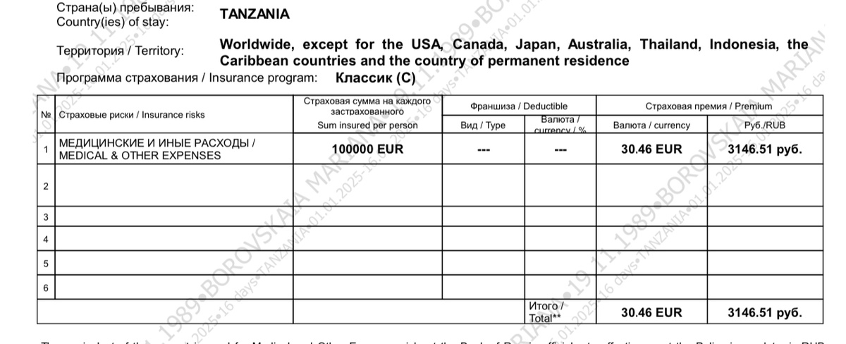 Стандартная туристическая страховка 