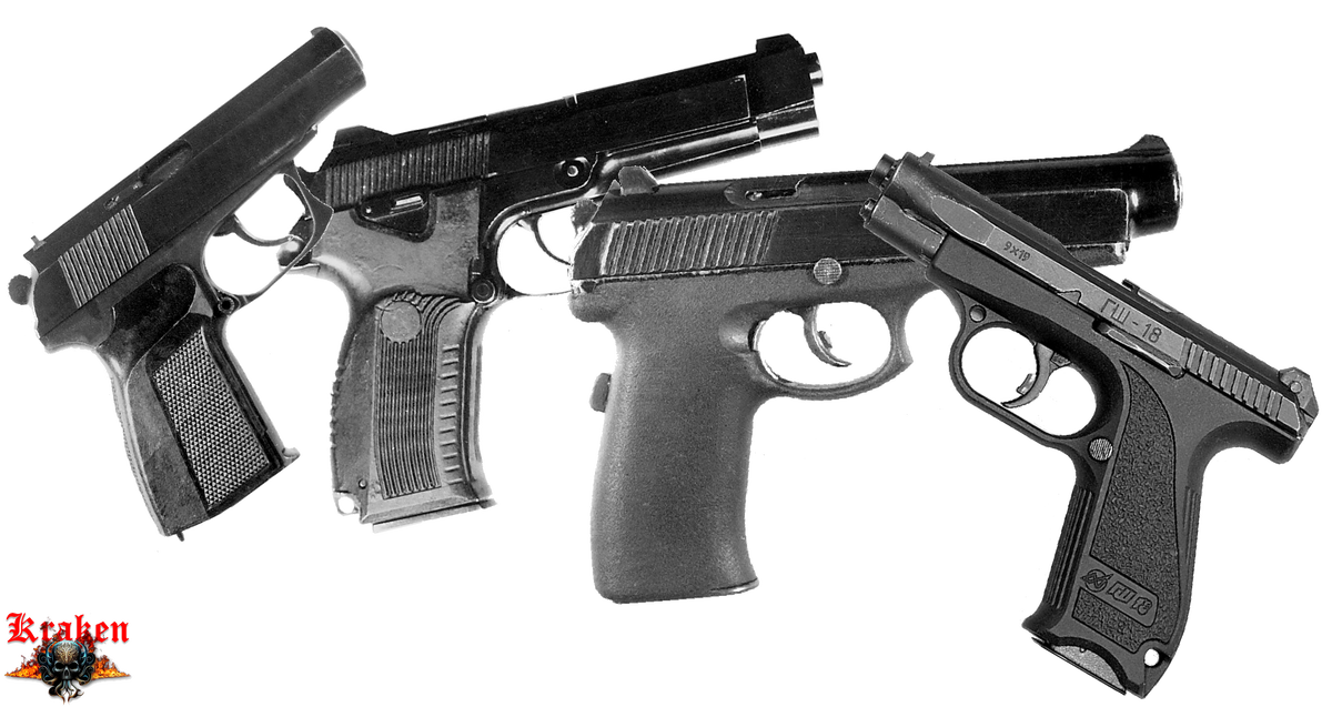 Слева на право: «Грач-3» конструкции Шигапова Р. Г., 6П35 «Грач-2» конструкции Ярыгина В. А., «Грач» 6П35 конструкции Сердюкова П. И., ГШ-18 конструкции В. П. Грязева и А. Г. Шипунова (конец 1998 года).