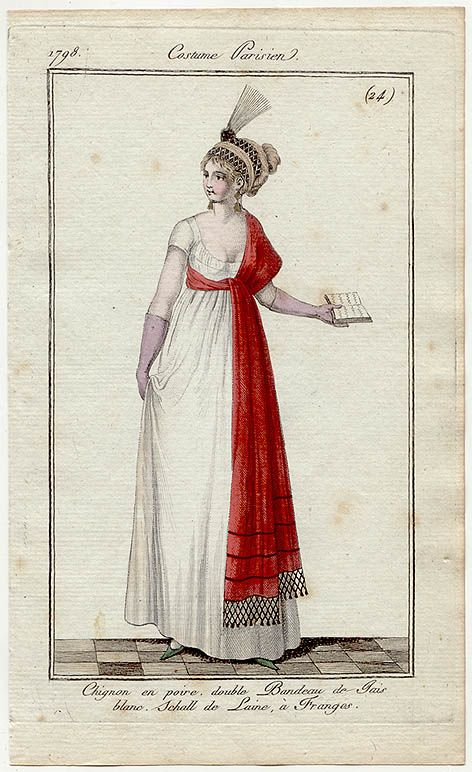 Шерстяная шаль с бахромой, накинутая на одно плечо и завязанная. 1798 год.