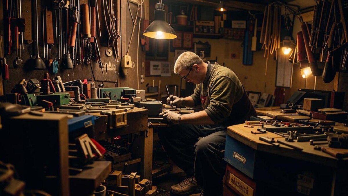 Слесарь работает в мастерской, ремонтируя оборудование, обучаясь на курсах слесаря дистанционн