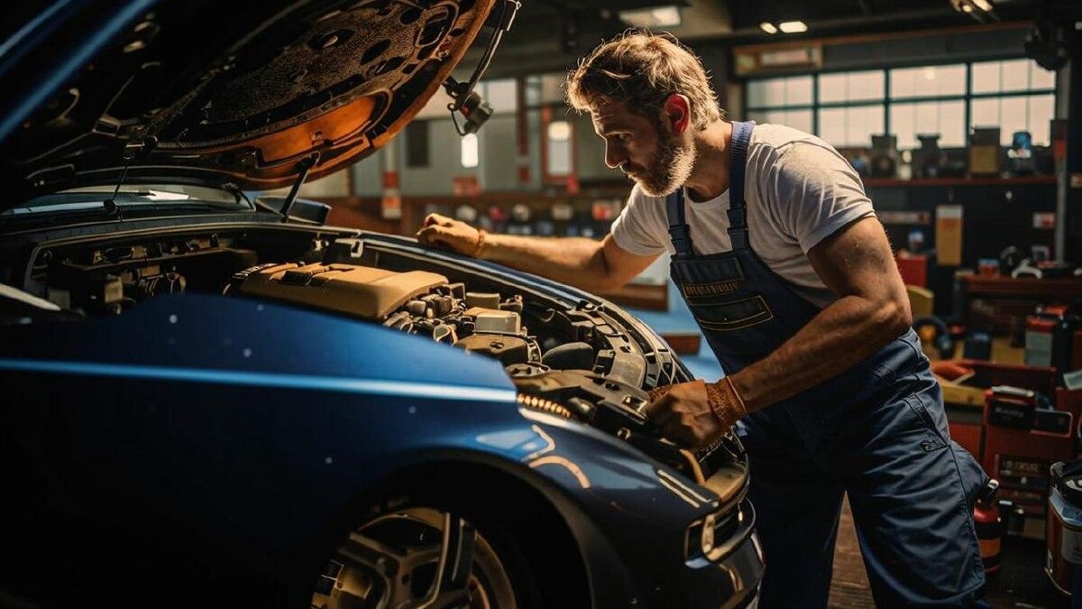 Слесарь ремонтирует автомобиль в мастерской, демонстрируя навыки, полученные на курсах.