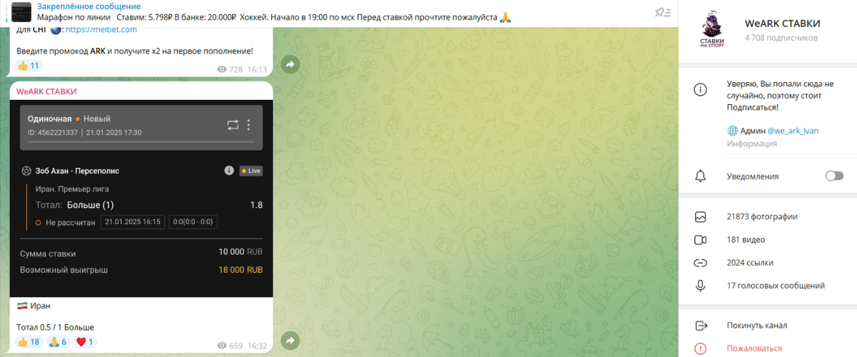 Статистика из канала в телеграмм «WeARK ставки»