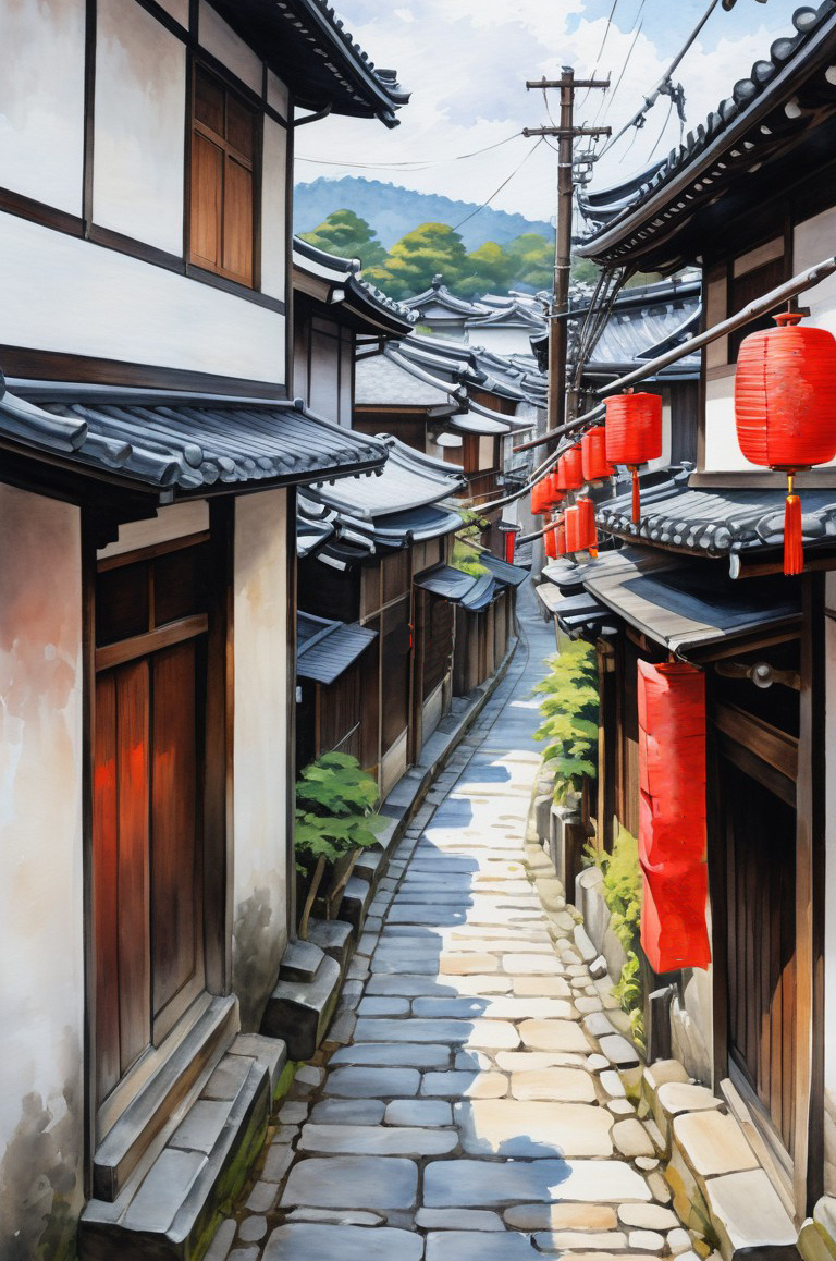 Старая улочка.  Иллюстрация создана с помощью нейросети DreamAI и программы Photoshop.
