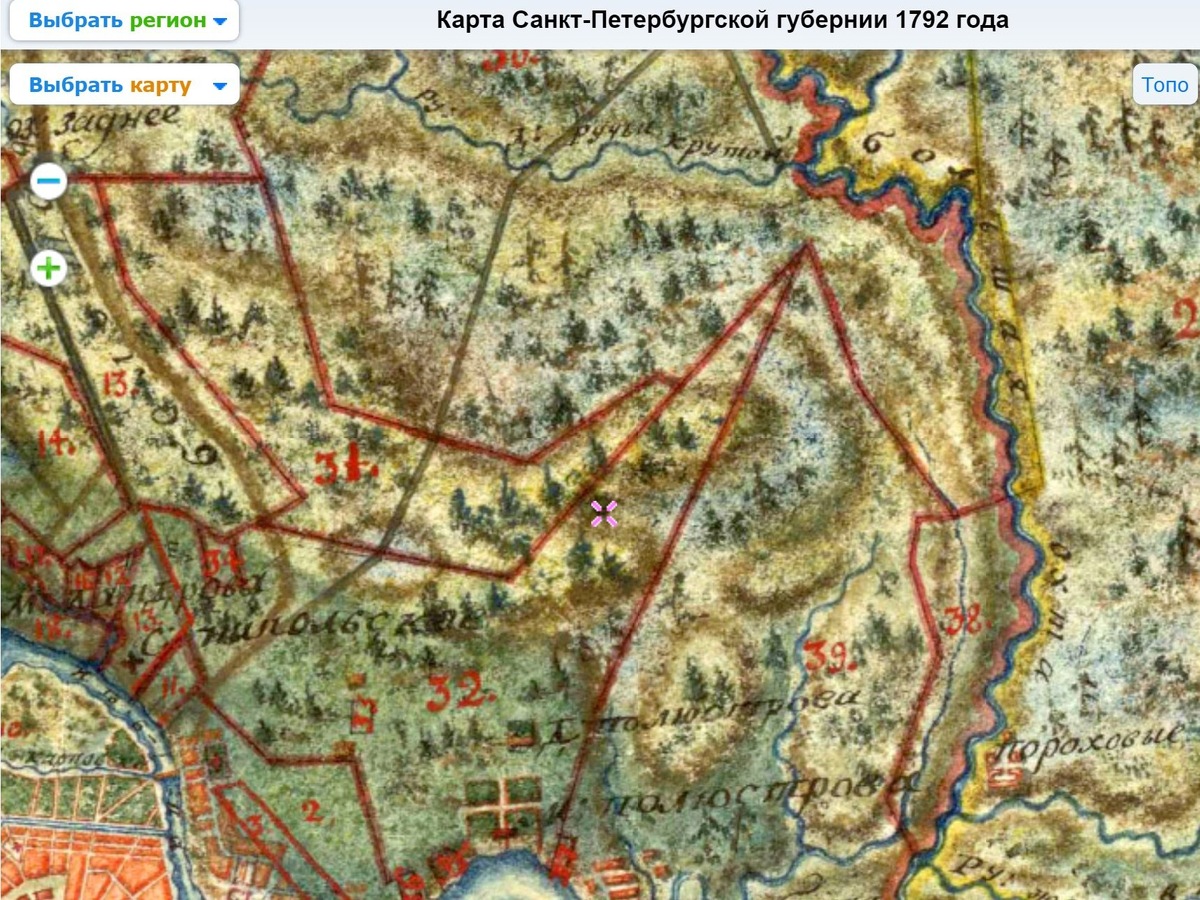 Скрин с сайта etomesto.ru. На карте крестиком отмечено место расположения главной аллеи Пискарёвского мемориального кладбища