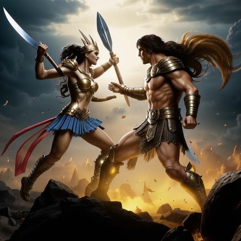 Геракл сражается с Ипполитой. Сделано с помощью GigaChat