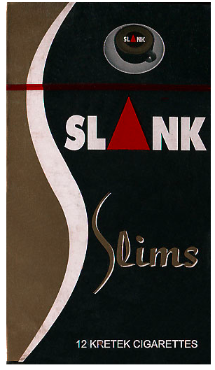 "Slank" Slims. Индонезия, 2009 год. 12 штук (кретек) в боксе и в целлофане. Смола 36 мг, никотин 2,1 мг. Цена 3350 рупий. Производитель: PR. Harum Jaya. Владелец торговой марки: PR. Harum Jaya.