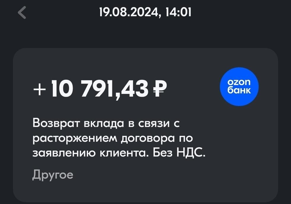 Выплата со вклада в Озон банке