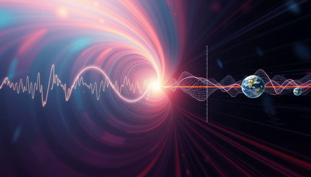 Динамичная инфографика, разделённая на три части: звуковая волна, световой луч и квантовая запутанность.Масштаб скоростей показан через сравнение: пока звуковая волна проходит расстояние в один метр, световой луч успевает облететь Землю.
