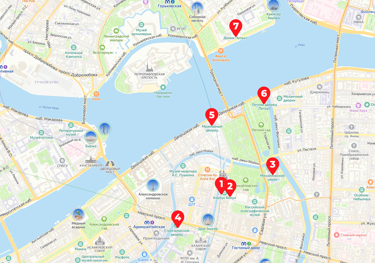 Расположение зданий Русского музея на карте Санкт-Петербурга