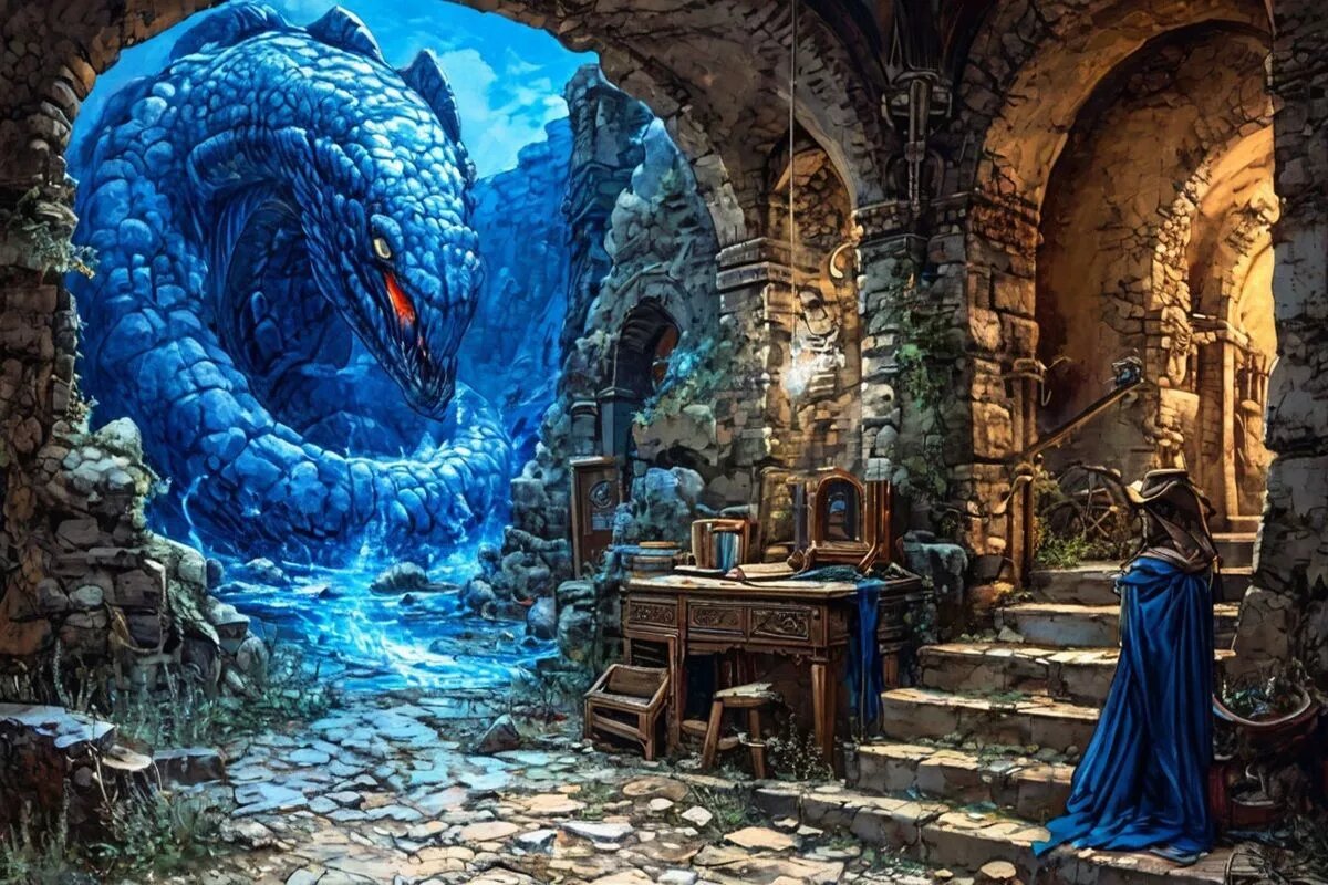 Рассказывают, в глубокой древности в жерле вулкана Шуго жил Синий Червь, в жертву которому приносили птиц и змей.
Фото: Нейросеть shedevrum.ai