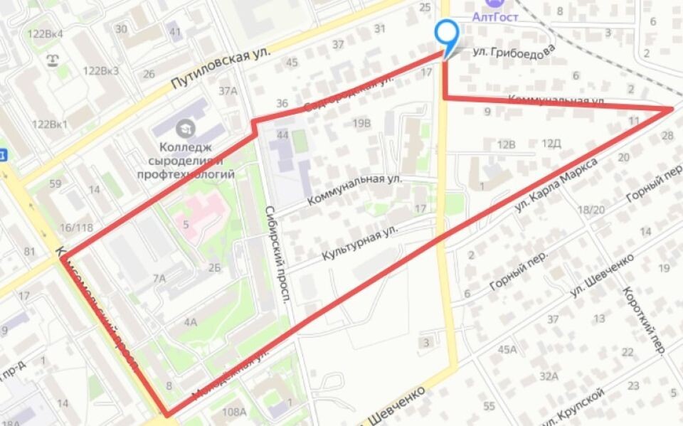    Границы проекта планировки квартала на ВРЗ в Барнауле. Источник: yandex.ru/maps