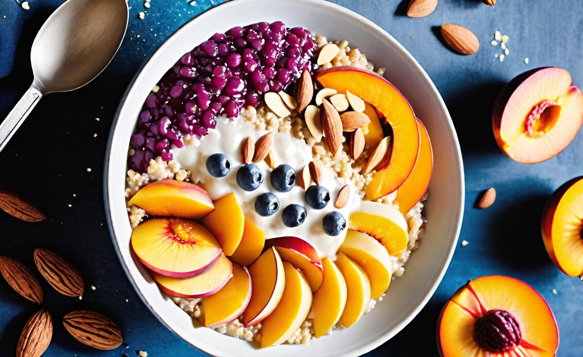  Каша из киноа на кокосовом молоке с нектарином и миндалём
 с нектарином и миндалём  
