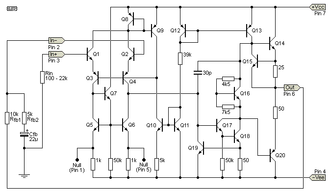 Рис. 2  Типичный операционный усилитель с обратной связью по напряжению (μA741)
Рис. 2  Типичный операционный усилитель с обратной связью по напряжению (μA741)
