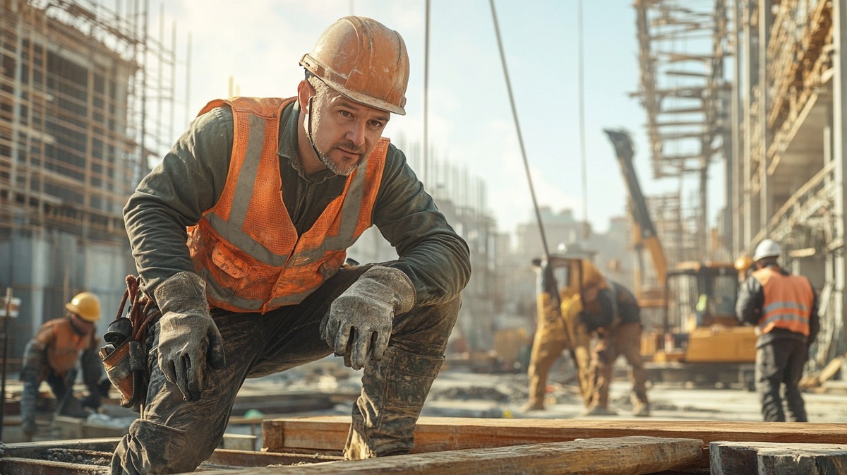 Работники-стропальщики на строительной площадке, демонстрирующие навыки и безопасность.
