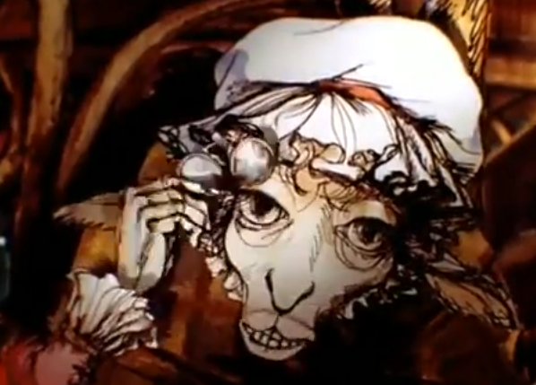 кадр из мультфильма. Пятая шахматная клетка. Коза рассматривает Алису.